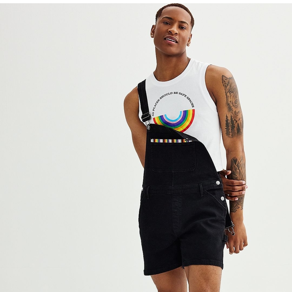 Black Denim Overalls with Rainbow Stripes unisex medium - Picture 5 of 6
